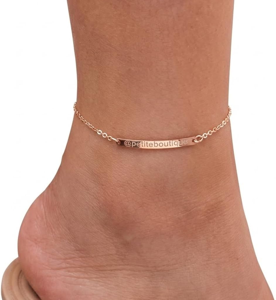 Dainty Personalized Name Anklet for Girls and Teens, Engraved Bohemian Nameplate in 16K Gold Silver Rose Gold Plated Hypoallergenic Steel, Ethereal Layering Body Jewelry, Birthday Gift