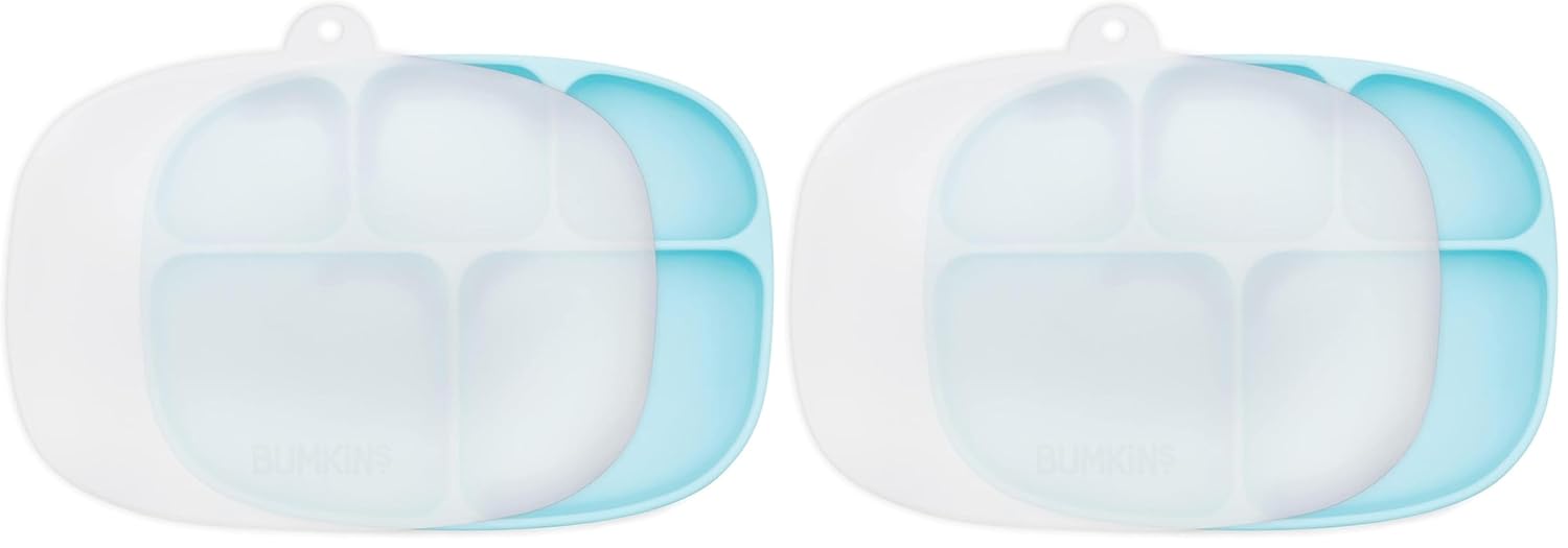 Bumkins Toddler and Baby Suction Plate, Silicone Divided Grip Dish and Lid, Large 5-Section Tray for Kids, Essentials in Children Feeding Supplies, Non Skid Stick Bottom, for Ages 6 Months Up, Blue