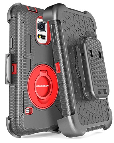 BENTOBEN Case Compatible with Galaxy S5, Hybrid Soft Silicone Hard Protective Case Rotating Kickstand Belt Clip Holster Cover Rugged Phone Cases for Galaxy S5 S V I9600 GS5 All Carriers, Black/Red