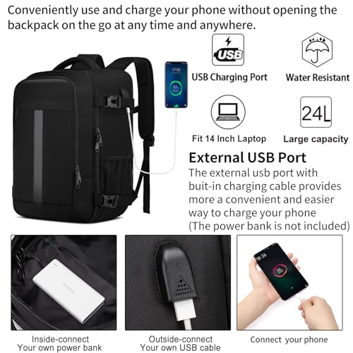 PUSLOM Mochila 40x30x20 Mochila Viaje Cabina Avion para Ryanair Equipaje de Mano para Vueling 24L Bolsa de Viaje Hombre Mujer Mochila Viaje Cabina Mochila Portatil 14 Pulgadas con Puerto USB Negro - imagen 3