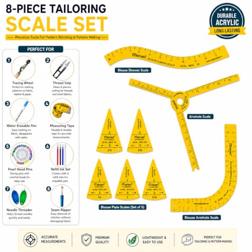 Image of 8-Piece Tailoring Scale Set with Tailoring Accessories Kit | Premium Blouse Cutting Scale, Armhole & Sleeve Rulers | with 8 Tailoring Accessories