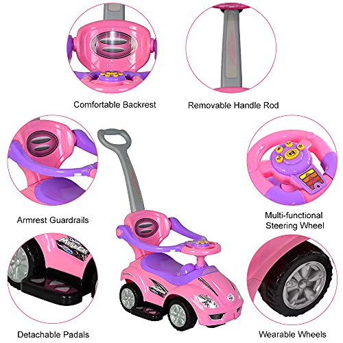 ChromeWheels 3 in 1 Ride on Toys Push Car with Guardrail, Mega Car for Toddlers, w/ Handle, Horn, Music, Color Pink