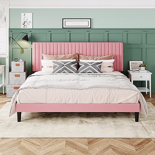 Allewie King Bed Frame, Velvet Upholstered Platform Bed with Adjustable Vertical Channel Tufted Headboard, Mattress Foundation with Strong Wooden Slats, Box Spring Optional, Easy Assembly, Pink
