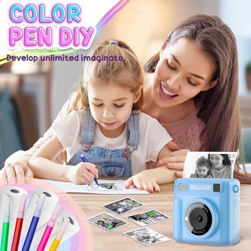 كاميرا للاطفال بطباعة فورية، كاميرا محمولة مع بطاقة 32G وفيديو 1080p، ورق طباعة، كاميرا طباعة فورية مع اقلام ملونة للاعمال اليدوية، اكثر من 3 سنوات، هدايا عيد ميلاد للاولاد والبنات (ازرق)