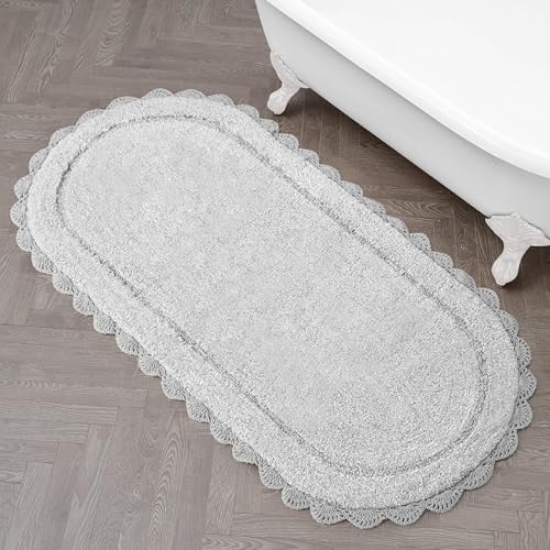 Laura Ashley Eloise 100% Cotton Oval Bath Mat with Crochet Border, Soft & Absorbent, Glacier Grey 24" x 60" Bathroom Rug