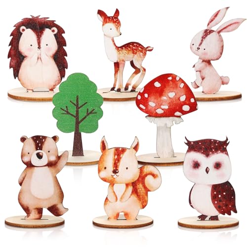 16pcs Woodland Animals Wood Table Centerpieces with Wood Base, Cute Forest Animals Table Topper Jungle Creatures for Safari Table Decorations for Baby Shower Birthday Party Home Supplies