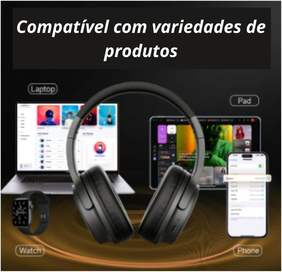 Fone de Ouvido Bluetooth 5.3 On-Ear – Headphone Sem Fio com Cancelamento de Ruído, Microfone Integrado, Ajustável e Dobrável – Ideal para Corrida, Academia, Android e iOS - Premium (Preto)