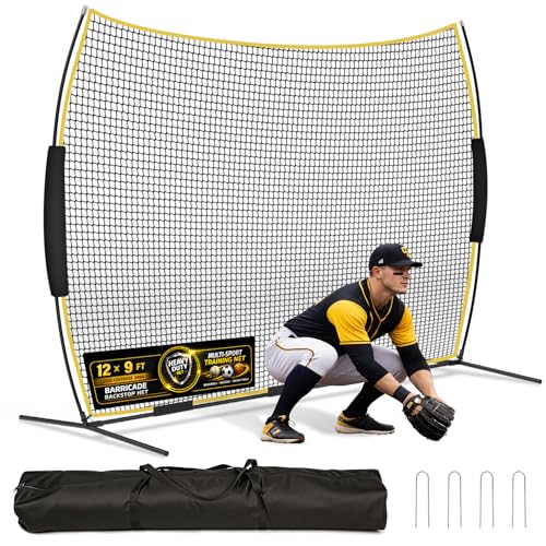 Eastrexon Barricade Backstop Net, 12x9 ft Ball Stop Netting with Carry Bag & Ground Stakes, Quick Setup, Portable, Perfect for Lacrosse, Baseball, Basketball, Soccer