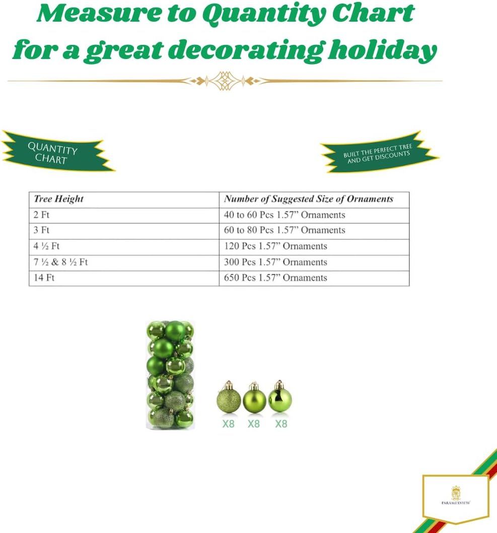 Paramexview®  Christmas Balls Set, 40mm/1.57 inch, Christmas Tree Hanging Shatterproof Ornaments Decoration, Pre-Hooked Hanging Balls, Seasonal Home Decoration for Trees (Green)