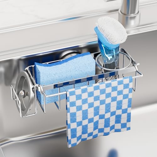 TAILI 4-in-1 Sink Caddy with Strong Suction Cup, Sponge Holder for Kitchen Sink Organizer, Removable, Rustproof, Stainless Steel Holder for Sponge, Brush, Scrubber, Scraper - Silver