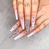 Artquee 24pcs French Nude White Ballerina Diamond Long Glossy Coffin Flash Fake Nails Press on Nail False Tips Manicure for Women and Girls