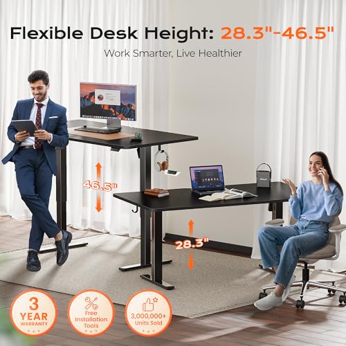 Image of Huuger 63 x 28 Large Electric Standing Desk, Height Adjustable Computer Desk, 27.6 inch Deep Desktop, Stand up Gaming Office Table with 2 Hooks, 3 Preset Heights, for Home Office, Black
