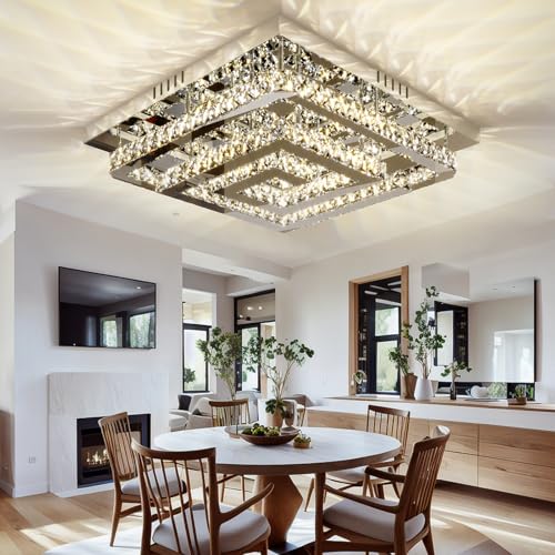 34" Large Crystal Chandelier with Remote/APP Control, 3 Color Temperature Light Fixture & Brightness Adjustable, Modern Flush Mount LED Ceiling Light Fixture for LivingRoom Kitchen Hallway Dining Room by Miuyhji - Used condition - Image 3