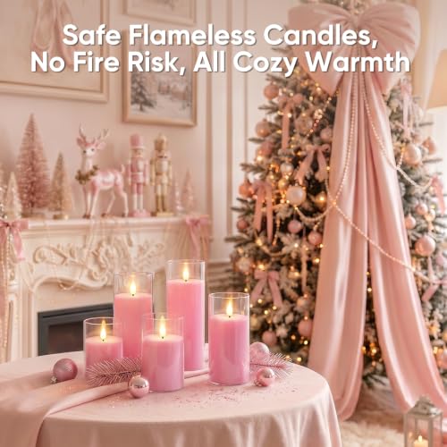 Image of Raycare Battery Operated Flameless Pillar Candles with Remote Timer, Pink | LED Acrylic Candle, Romantic Ambience for Valentine's Day, Birthday Parties, Wedding Settings, Christmas Home Decor, Set of 5