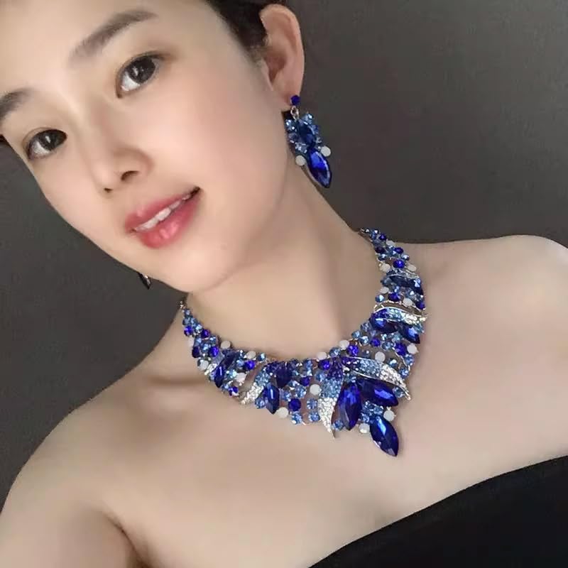 Rhinestone Crystal Rib Statement Necklace Earrings Charming Spark Chunky Collar Necklace Earrings Set Women Fashion Jewelry Accessories - Image 3