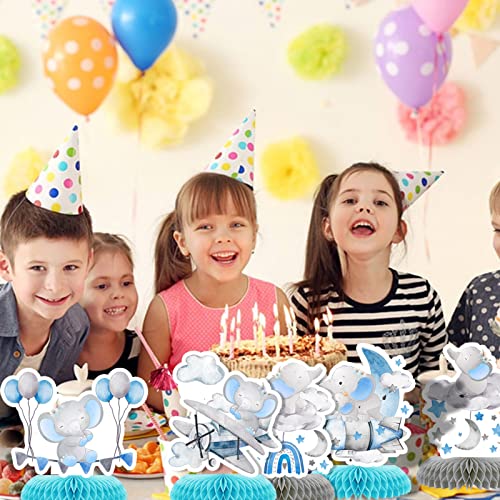 9 Pcs Elephant Baby Shower Honeycomb Centerpieces Party Decor For Boys,Cute Blue Elephant Honeycomb Balloons Star Moon Topper 3D Table Decoration For Kids Party Baby Shower Party Photo Props Supplies #TOP4