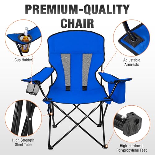 Image of Camping Chairs for Adults 2 Pack, Folding Chair with 4-Can Cooler Bag & Cup Holder, Portable Heavy Duty Outdoor Chair with Mesh Back for Camping, Beach, Lawn, Fishing, Blue
