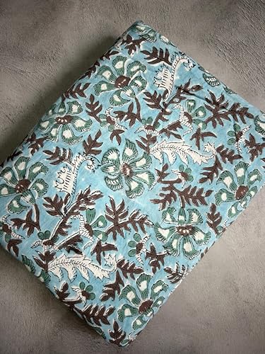 Image of Jaipur Floral Print Hand Block Printed Fabric by The Yard - Soft Cotton Material with Floral Design, Aqua and Brown - Ideal for Sewing, Quilting, Dressmaking, and Home Decor (7 Meter)