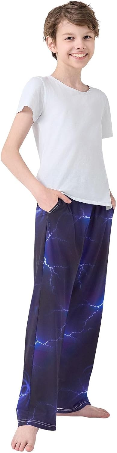Blue Purple Lightning Pajama Pants, Soft Stretchy Lounge Sleepwear with Elastic Waist for Boys