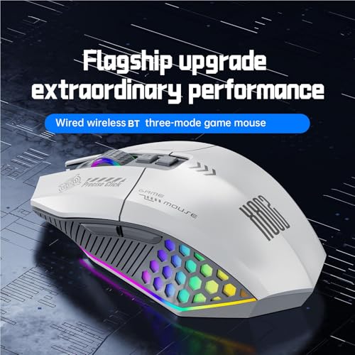 Annadue RGB Gaming Mouse z 3 Trybem Przewodowym/Bluetooth/2.4G, 12000 DPI, 1000 Hz, Ankietowa, Ergonomiczna, ładowanie Typu-C na PC. 500 MAh (Biały Szary)