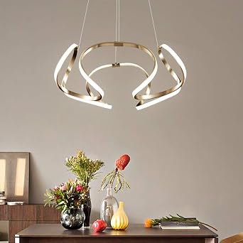 LITFAD Low Profile Chandeliers Curved LED Pendant Light Twist LED Chandeliers Ceiling Hanging Light in Gold 110V-120V for Living Room Bedroom Restaurant Cold White 23.62" 60 cm Wide
