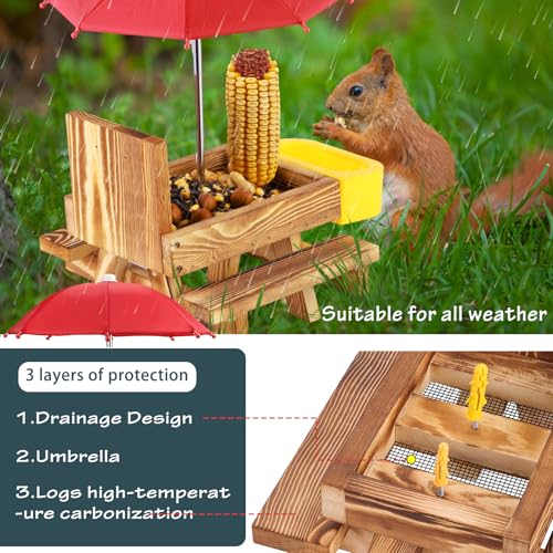 MIXXIDEA Wooden Squirrel Feeder Table with Water Bowl, Squirrel Picnic Table for Outside with Umbrella, Brown Squirrel Feeder with Corn Cob Holder Cute Chipmunk Feeder (Brown)