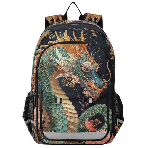 Green Dragon Vintage Flower Kids School Backpack for Boys Girls, 17 Inch Large Kids Backpack Boys Elementary School, 6-12 Y