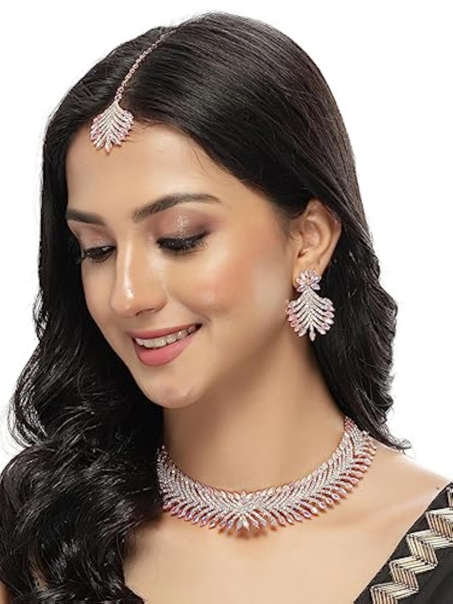 Plated Rainbow Collar Bone Necklace Set With Earring And Maangtika