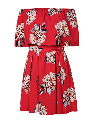 Image of KBOOK Women's Off Shoulder Floral Print Cute Vacation Boho Short Sleeve Casual Mini Party Dress with Belt