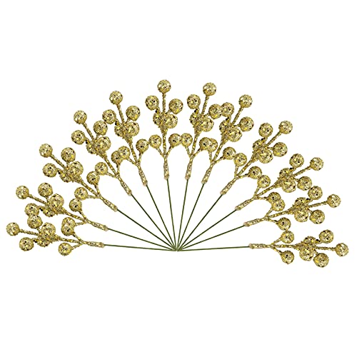 KHBNHJ Christmas Glitter Berries Stems 12Pcs Artificial Gold Berry Picks for Christmas Tree Ornaments Decorations DIY Xmas Wreath Crafts Wedding Holiday Home Decor, (6.7in, Golden)
