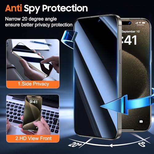Image of UniqueMe 2 Pack for iPhone 15 Pro Max Privacy Screen Protector - 6.7 inch [Military Grade Shatterproof & 9H+ Hardness] Privacy Screen 15 Pro Max Tempered Glass Full Coverage,Easy to install