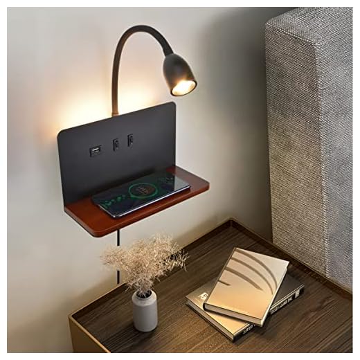Schwarz LED Wandleuchte innen Holz Wandlampe schlafzimmer mit USB-A&USB-C Anschluss+15W Wireless Charger, Flexibler Schwanenhals Leselampe Bett 3 Farbtemperatur Modi, Bettlampe mit Stecker 1,5m Kabel