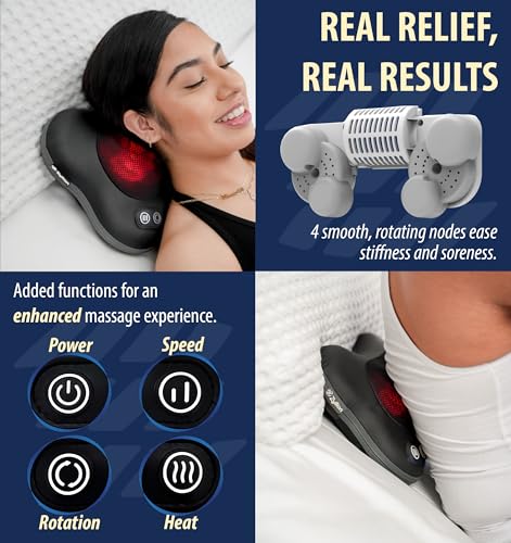 Image of Zyllion Shiatsu Back and Neck Massager with Heat - Cordless Rechargeable 3D Electric Kneading Deep Tissue Massage Pillow with 2 Speeds for Muscle Pain Relief, Black, ZMA-34RB