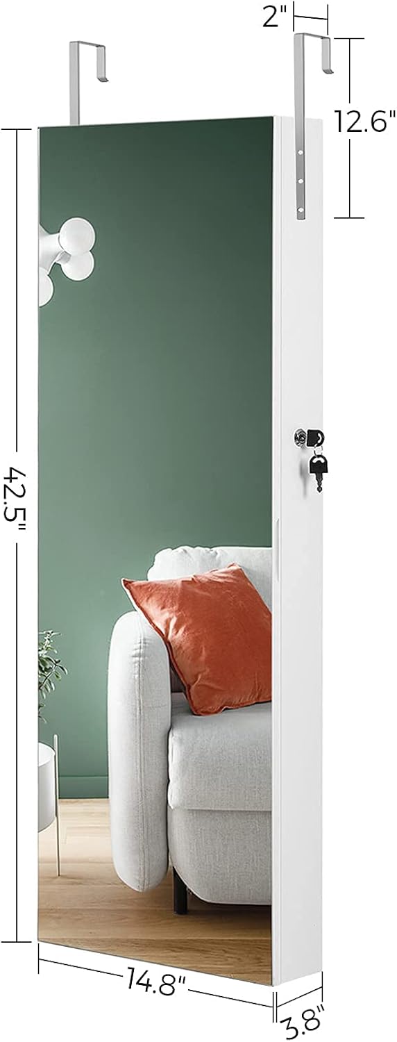 SONGMICS Mirror Jewelry Cabinet Armoire, Lockable Wall-Mounted Storage Organizer Unit with 2 Plastic Cosmetic Storage Trays, Full-Length Frameless Mirror, White UJJC001W01 : Everything Else