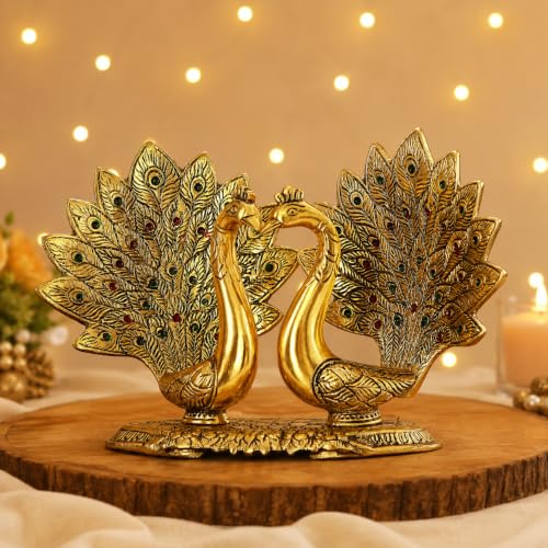 Image of Metal Kissing Peacock Couple Statue for Home Decor, Romantic Love Bird Showpiece for Living Room Bedroom Office Table, Decorative Figurine for Wedding Anniversary Housewarming Gift