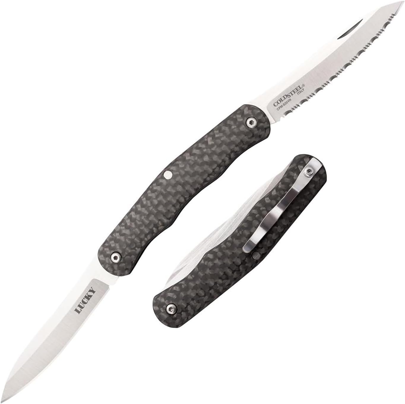 COLD STEEL Lucky Twin 2.625" S35VN Blades 3.25" Carbon Fiber Handle Everyday Carry Compact Pocket Folding Knife w/Slip Joint Lock