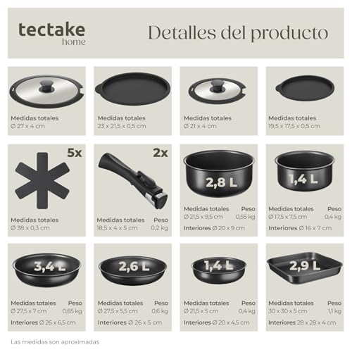 Miniatura 6 de Tectake Juego De Vajilla Para Cocina, Vajilla Ceramica Para 6 Personas, Apto Microondas Y Lavavajillas, Juego De Ollas Y Sartenes Antiadherentes, Apto Inducción - 30 Piezas Negro Gris Topo