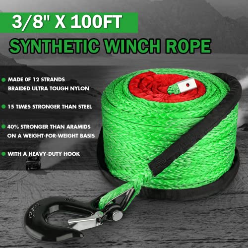 Stegodon 3/8" X 100Ft Synthetic Winch Rope 23,809Lbs Dyneema Winch Cable Line With Hook And Sleeve Protection Car Tow Recovery Cable For 4Wd Off Road Vehicle Truck Suv Jeep(Green) #TOP1