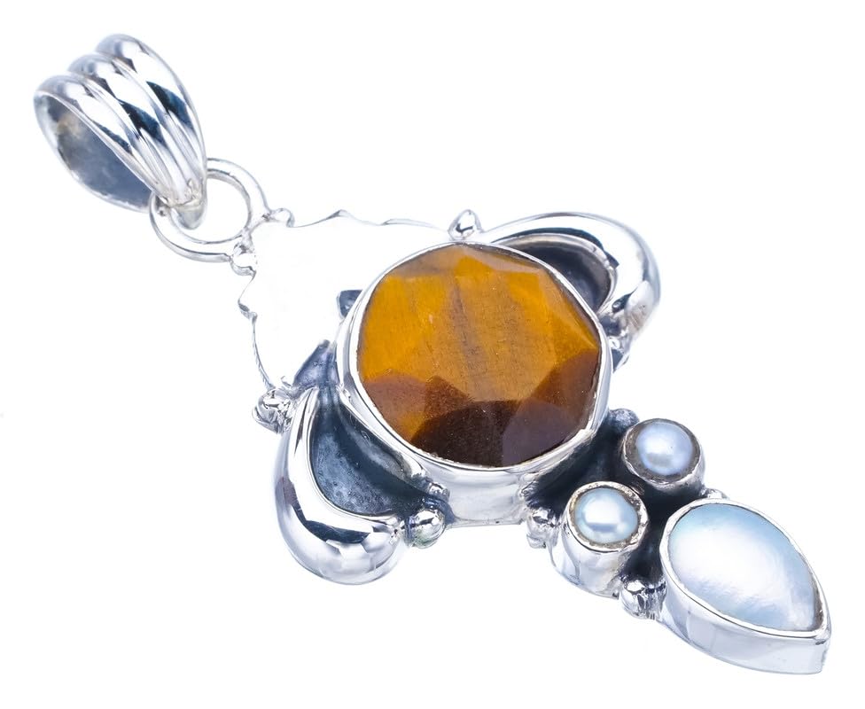 Pendentif œil de tigre perle de rivière cornes argent 925 fait main F3906
