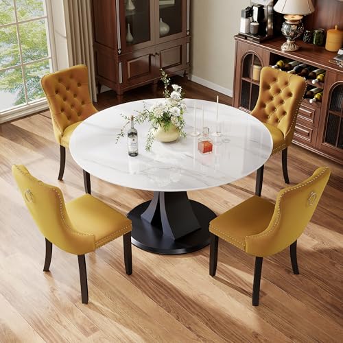 Image of 5-Piece Dining Table Set with 47In Faux Marble Table and 4 Velvet Upholstered Chairs, Modern Scandinavian Furniture for Dining Room Kitchen(Yellow)