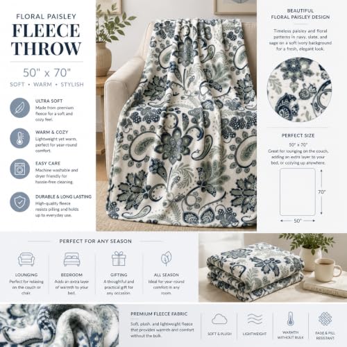 Soft Fleece Throw Blanket, Bohemian Boho Blanco Marino Floral Paisley, 50x70 miniatura 3