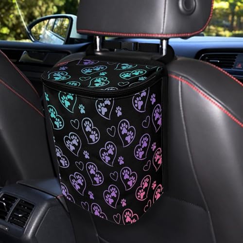 Image of Yewattles Car Trash Can with Colorful Dog Paw Heart Car Waste Basket with Lid for Disposable Garbage Bag Multipurpose Collapsible Car Organizer Container