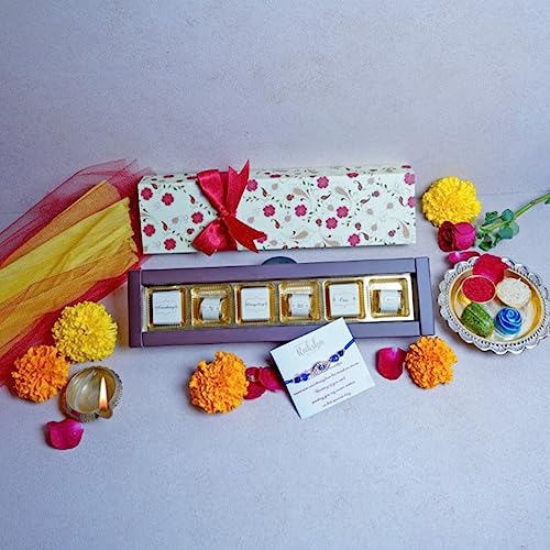 Image of Velvet Fine Chocolates Rakhi Gift Hamper with 6 Assorted Chocolates, 1 Rakhi and 1 Card