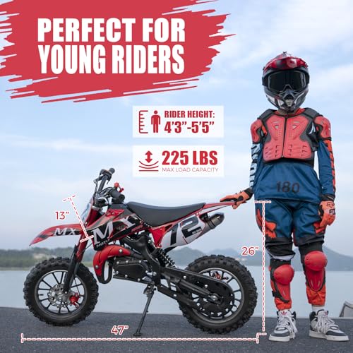 Image of Gas Dirt Bikes for Kids, 50cc 2 Stroke Kids Dirt Bike, 49cc Dirt Bike Up to 24 MPH Pull Start, Pit Bike for Boys Girls, Gas Dirt Bike Dual Disc Brake Inverted Fork Off Road, Red