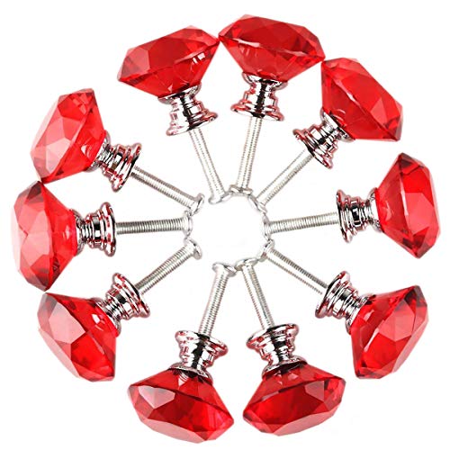 Akstore 10 Pcs Crystal Glass Cabinet Knobs 30mm Diamond Shape Drawer Kitchen Cabinets Dresser Cupboard Wardrobe Pulls Handles (Red)