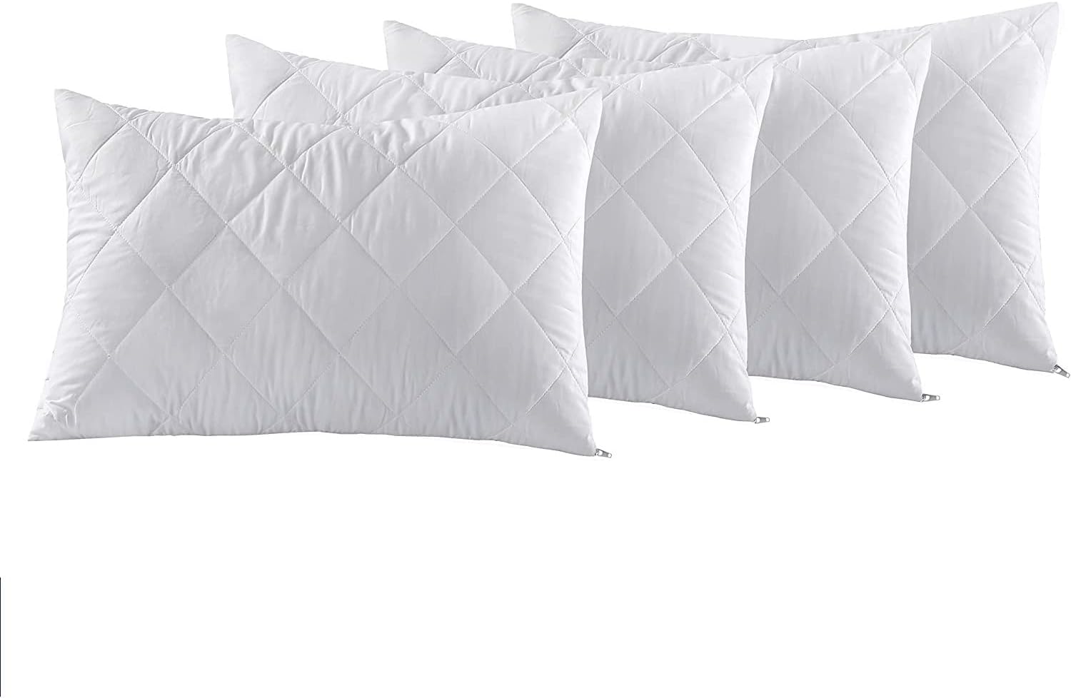 Quilted Pillow Protectors White Pillowcases 4 Pack 100% Cotton Zippered Closure Bed Cover Pillows Encasement Breathable Anti-Allergy Protector