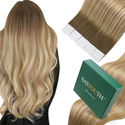 Easyouth Autocolante extensões de cabelo natural Balayage castanho a loiro Ombre extensões adesivas cabelo humano real Tape in Extensões curtas reto 12 polegadas 30 g 20 unidades