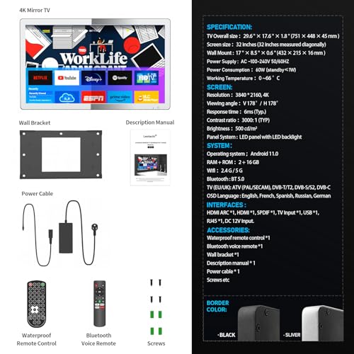 Leotachi 32-Zoll High-End-Smart-Badezimmerspiegel-TV - 4K Ultra HD, IP66 wasserdicht, Android TV, Sprachfernbedienung, integrierter ATSC-Tuner, HDMI (ARC), SPDIF, Upgrade für Ihr Badezimmer (Silber) – Bild 8