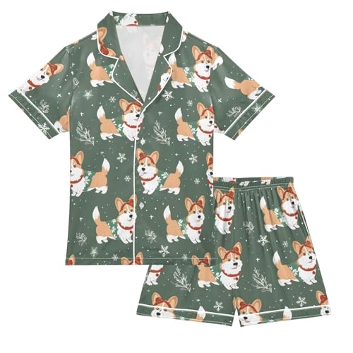 ALAZA Christmas Snow Snowflake Dog Puppy Satin Pajamas Set Short Sleeve Button Down Sleepwear Summer Pjs 2 Piece