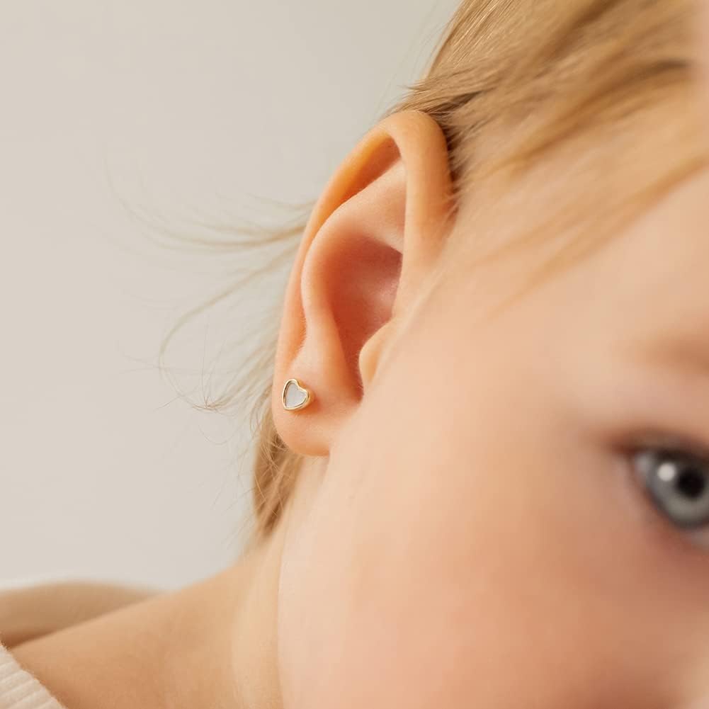 14k Yellow Gold Mother of Pearl Little Heart Screw Back Earrings for Young Girls - Small Dainty Screw Backs for Baby Girls to Toddlers - Beautiful Studs for Pretty Little Children